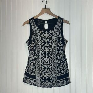 INC Black White Embroidered Sleeveless Blouse Top M Floral Baroque Lined Boho